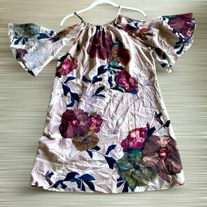 Trina Turk Floral Chiffon Cut out Cold Shoulder Flutter Sleeve Dress Sz S